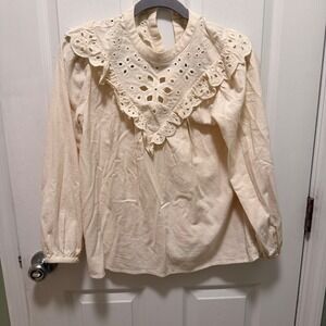 Madewell Embroidered Eyelet Collar Blouse‎ Cream Cotton Viscose XS